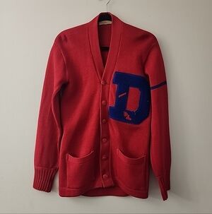 Red Cardigan Sweater with Blue Accent